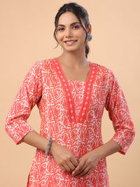 Thumbnail for Janasya Regular Poly Cotton Red Printed Square Neck Set