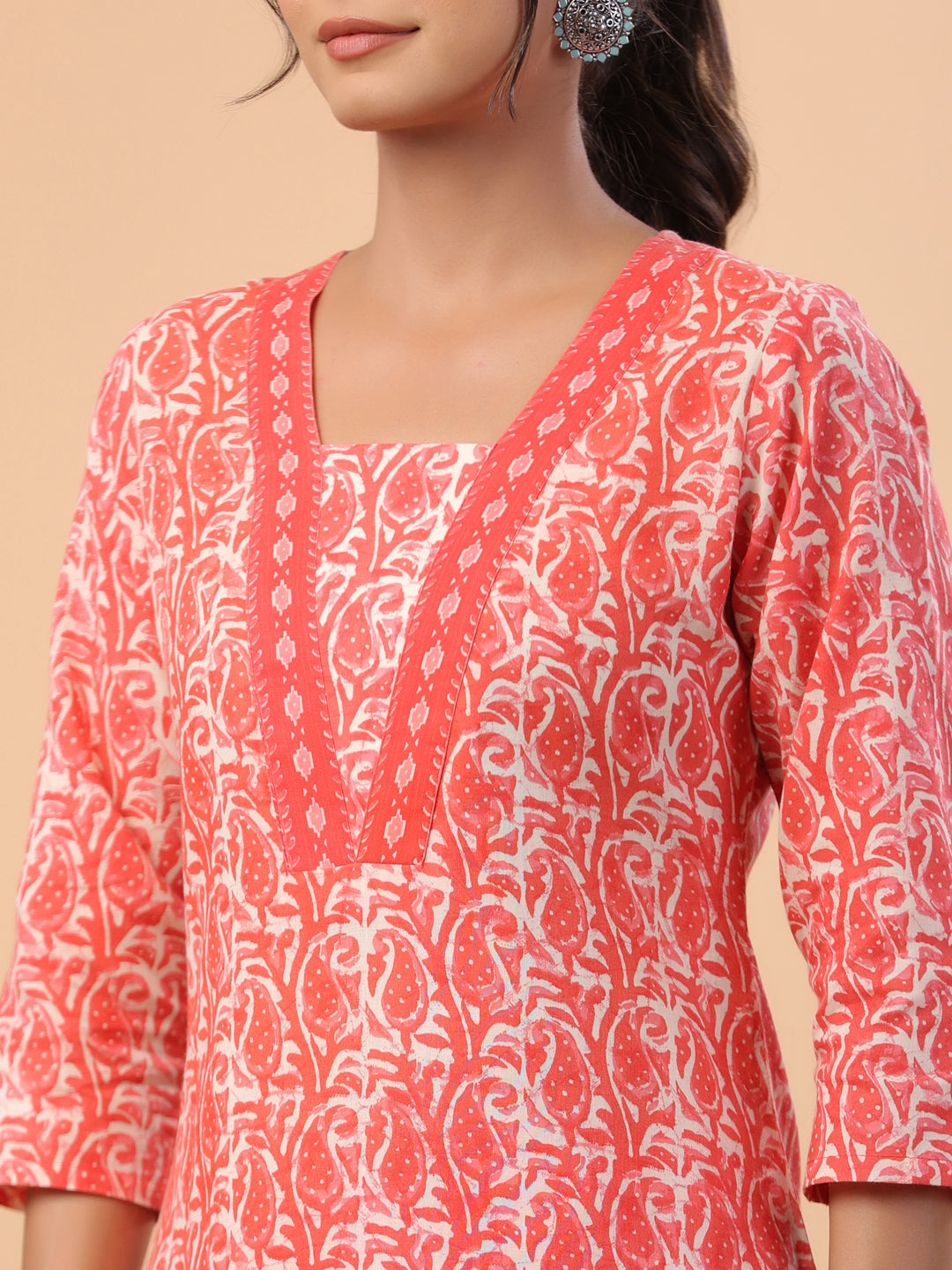 Janasya Regular Poly Cotton Red Printed Square Neck Set