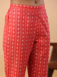 Thumbnail for Janasya Regular Poly Cotton Red Printed Square Neck Set