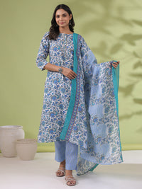 Thumbnail for Janasya Regular Poly Cotton White Floral Round Neck Kurta Set