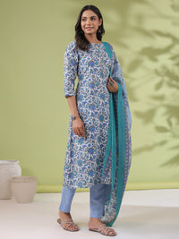 Thumbnail for Janasya Regular Poly Cotton White Floral Round Neck Kurta Set