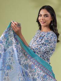 Thumbnail for Janasya Regular Poly Cotton White Floral Round Neck Kurta Set