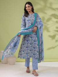 Thumbnail for Janasya Regular Poly Cotton White Floral Round Neck Kurta Set