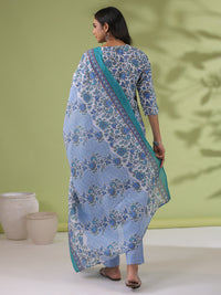 Thumbnail for Janasya Regular Poly Cotton White Floral Round Neck Kurta Set