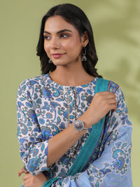Thumbnail for Janasya Regular Poly Cotton White Floral Round Neck Kurta Set
