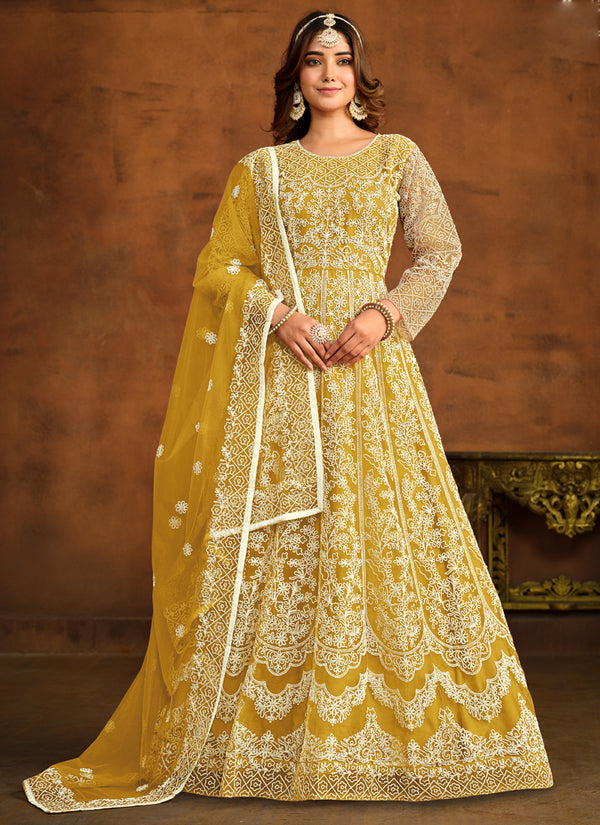 Vegaa Fashion Designer Yellow Net Embroidery Anarkali Suit