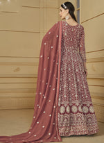 Thumbnail for Vegaa Fashion Designer Dark Peach Faux Georgette Embroidery Anarkali Suit