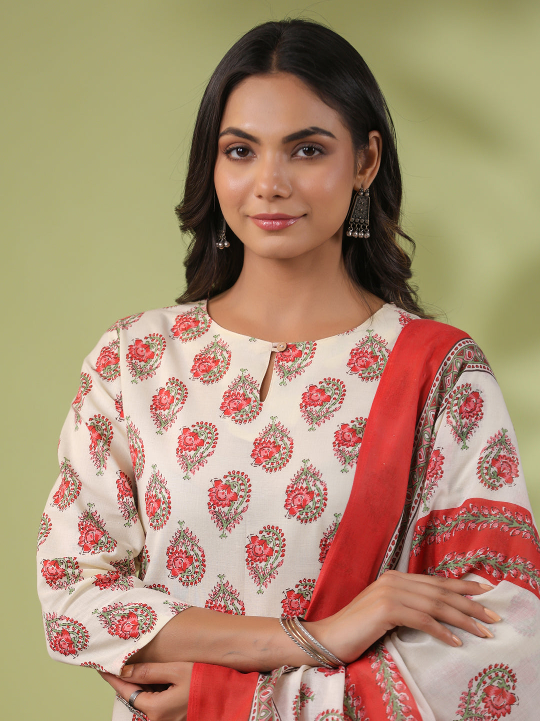 Janasya Regular Poly Cotton Cream Ethnic Motifs Notch Neck Set - Distacart