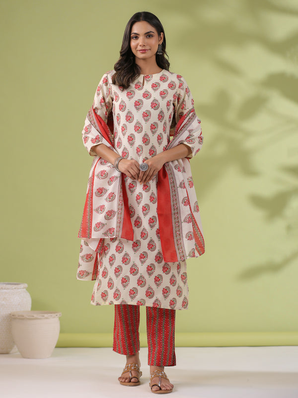 Janasya Regular Poly Cotton Cream Ethnic Motifs Notch Neck Set - Distacart