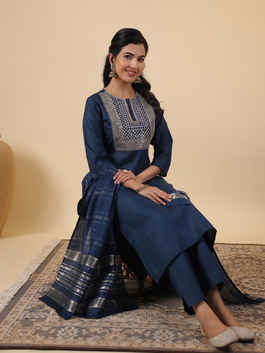 Janasya Straight Magics Slub Blue Embroidered Round Neck Kurta,Bottom & Dupatta