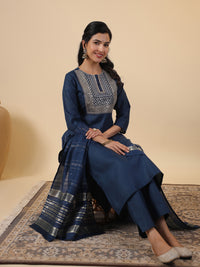 Thumbnail for Janasya Straight Magics Slub Blue Embroidered Round Neck Kurta,Bottom & Dupatta