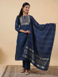 Thumbnail for Janasya Straight Magics Slub Blue Embroidered Round Neck Kurta,Bottom & Dupatta