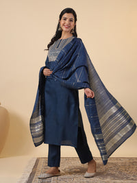 Thumbnail for Janasya Straight Magics Slub Blue Embroidered Round Neck Kurta,Bottom & Dupatta