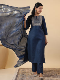 Thumbnail for Janasya Straight Magics Slub Blue Embroidered Round Neck Kurta,Bottom & Dupatta