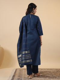 Thumbnail for Janasya Straight Magics Slub Blue Embroidered Round Neck Kurta,Bottom & Dupatta