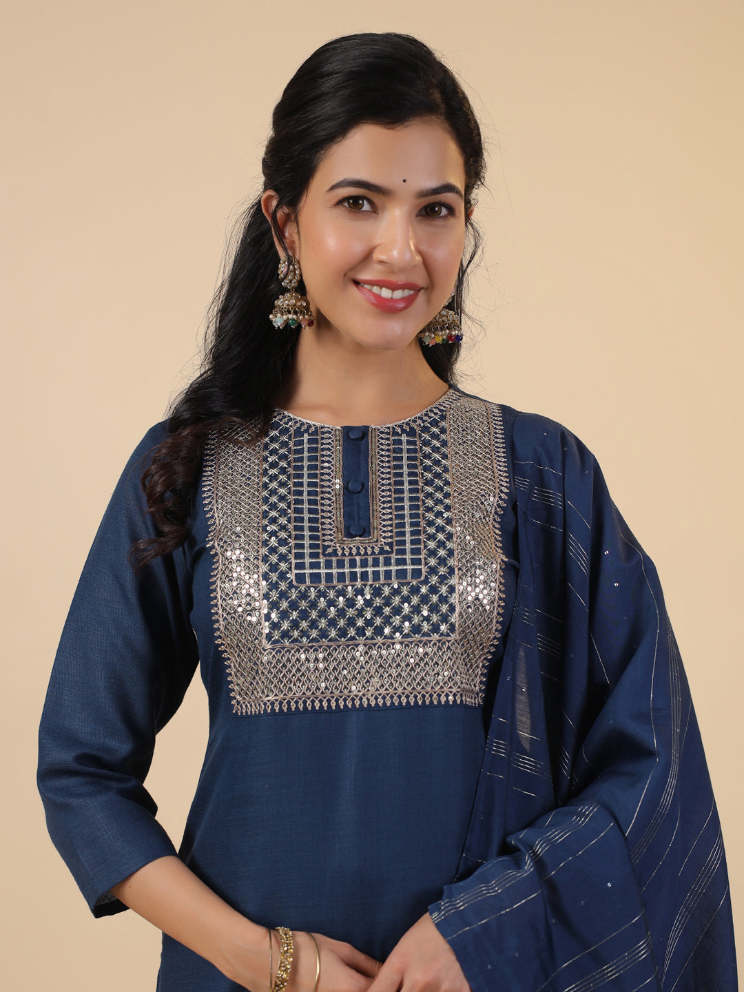 Janasya Straight Magics Slub Blue Embroidered Round Neck Kurta,Bottom & Dupatta