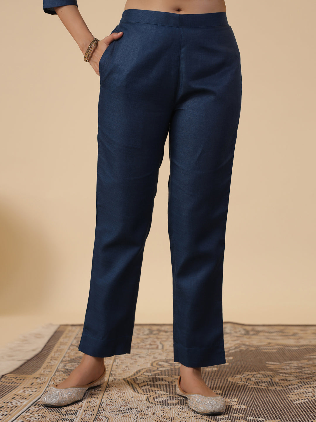 Janasya Straight Magics Slub Blue Embroidered Round Neck Kurta,Bottom & Dupatta