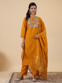 Thumbnail for Janasya Regular Magics Slub Mustard Embroidered Round Neck Kurta,Bottom & Dupatta