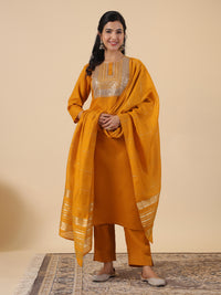 Thumbnail for Janasya Regular Magics Slub Mustard Embroidered Round Neck Kurta,Bottom & Dupatta
