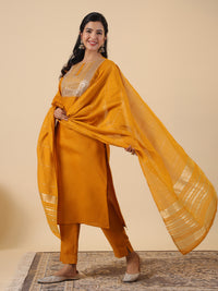 Thumbnail for Janasya Regular Magics Slub Mustard Embroidered Round Neck Kurta,Bottom & Dupatta