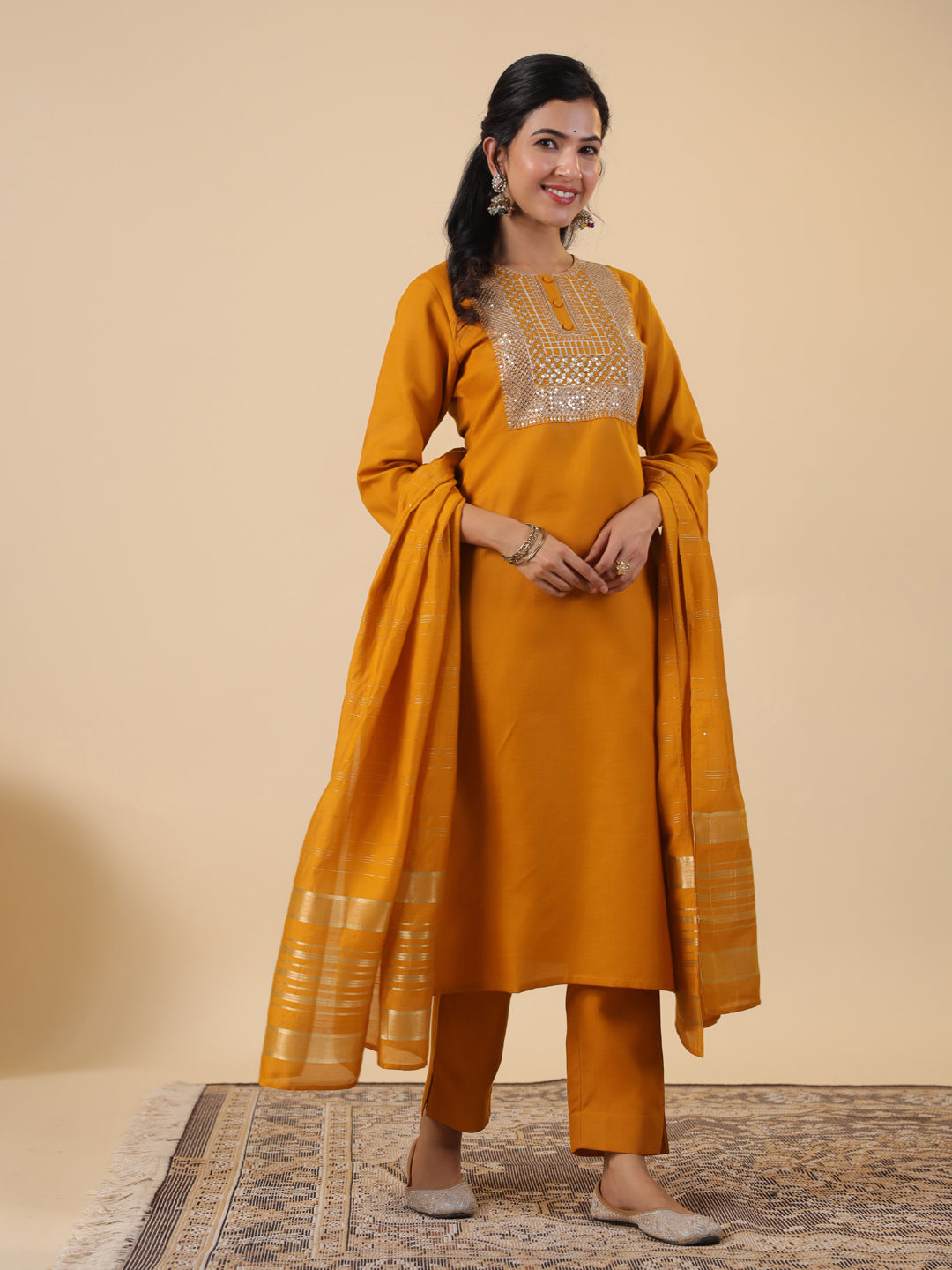 Janasya Regular Magics Slub Mustard Embroidered Round Neck Kurta,Bottom & Dupatta