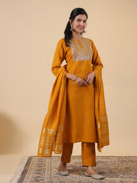Thumbnail for Janasya Regular Magics Slub Mustard Embroidered Round Neck Kurta,Bottom & Dupatta