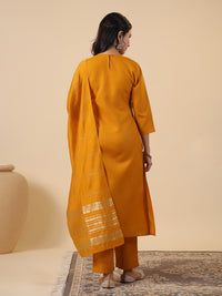 Thumbnail for Janasya Regular Magics Slub Mustard Embroidered Round Neck Kurta,Bottom & Dupatta