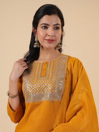 Thumbnail for Janasya Regular Magics Slub Mustard Embroidered Round Neck Kurta,Bottom & Dupatta