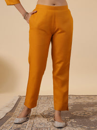 Thumbnail for Janasya Regular Magics Slub Mustard Embroidered Round Neck Kurta,Bottom & Dupatta