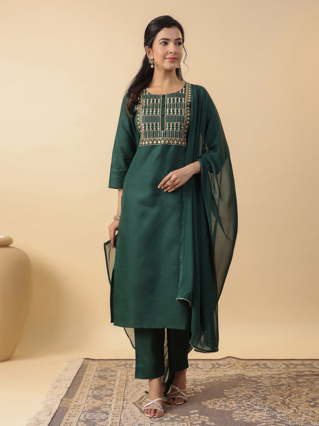 Janasya Straight Magics Slub Dark Green Yoke Embroidery Round Neck Kurta,Bottom & Dupatta - Distacart