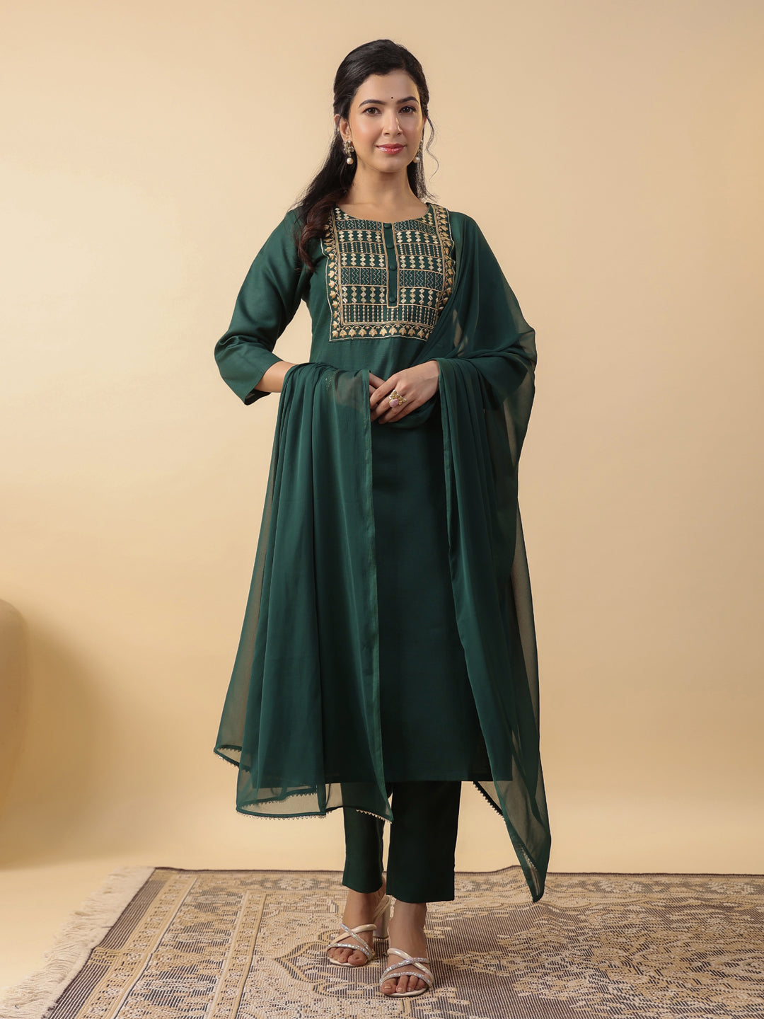 Janasya Straight Magics Slub Dark Green Yoke Embroidery Round Neck Kurta,Bottom & Dupatta - Distacart