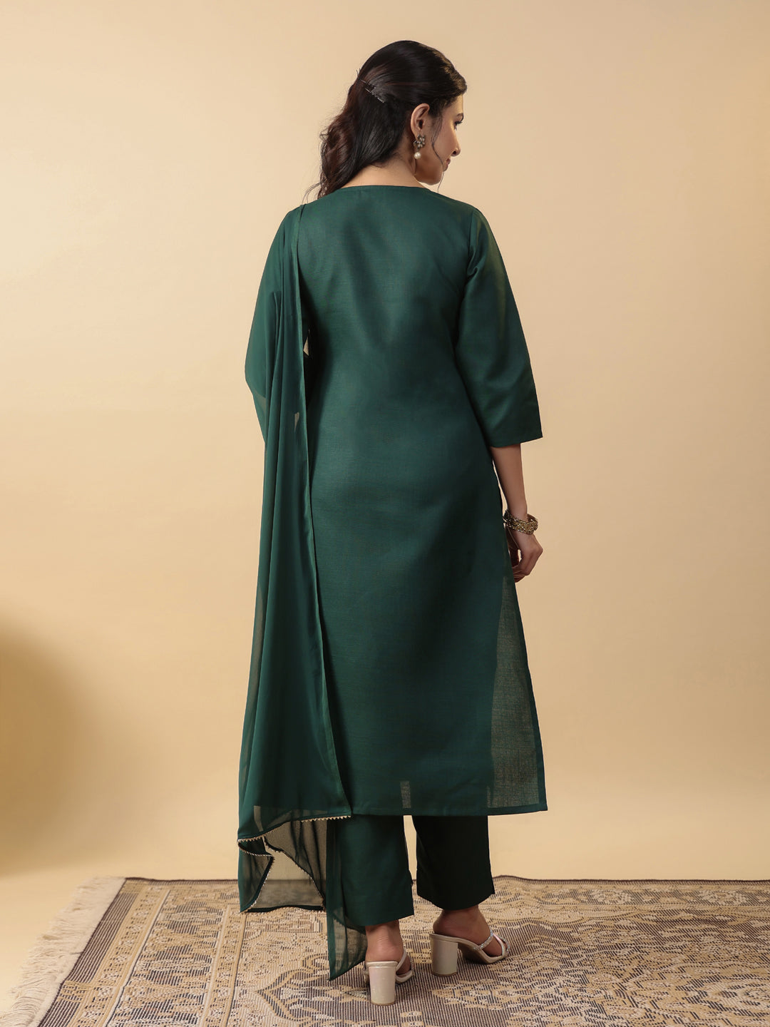 Janasya Straight Magics Slub Dark Green Yoke Embroidery Round Neck Kurta,Bottom & Dupatta - Distacart
