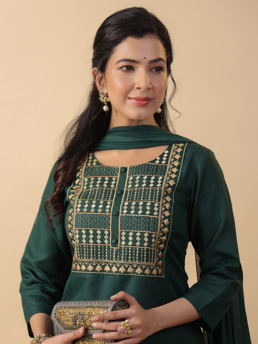 Janasya Straight Magics Slub Dark Green Yoke Embroidery Round Neck Kurta,Bottom & Dupatta - Distacart
