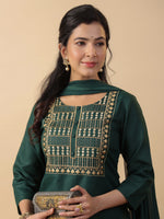 Thumbnail for Janasya Straight Magics Slub Dark Green Yoke Embroidery Round Neck Kurta,Bottom & Dupatta - Distacart