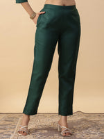 Thumbnail for Janasya Straight Magics Slub Dark Green Yoke Embroidery Round Neck Kurta,Bottom & Dupatta - Distacart