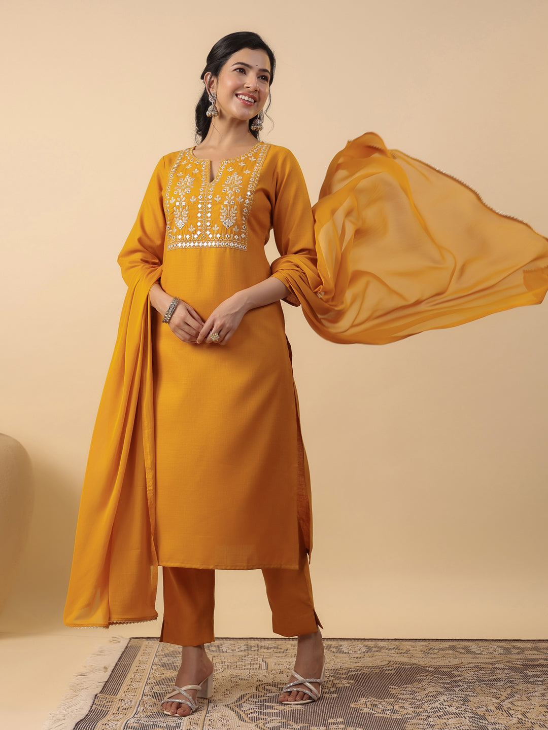 Janasya Straight Magics Slub Mustard Embroidered Notch Neck Kurta,Bottom & Dupatta