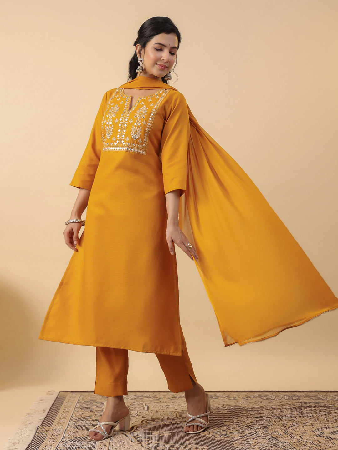 Janasya Straight Magics Slub Mustard Embroidered Notch Neck Kurta,Bottom & Dupatta