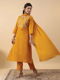 Thumbnail for Janasya Straight Magics Slub Mustard Embroidered Notch Neck Kurta,Bottom & Dupatta
