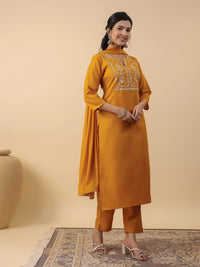 Thumbnail for Janasya Straight Magics Slub Mustard Embroidered Notch Neck Kurta,Bottom & Dupatta