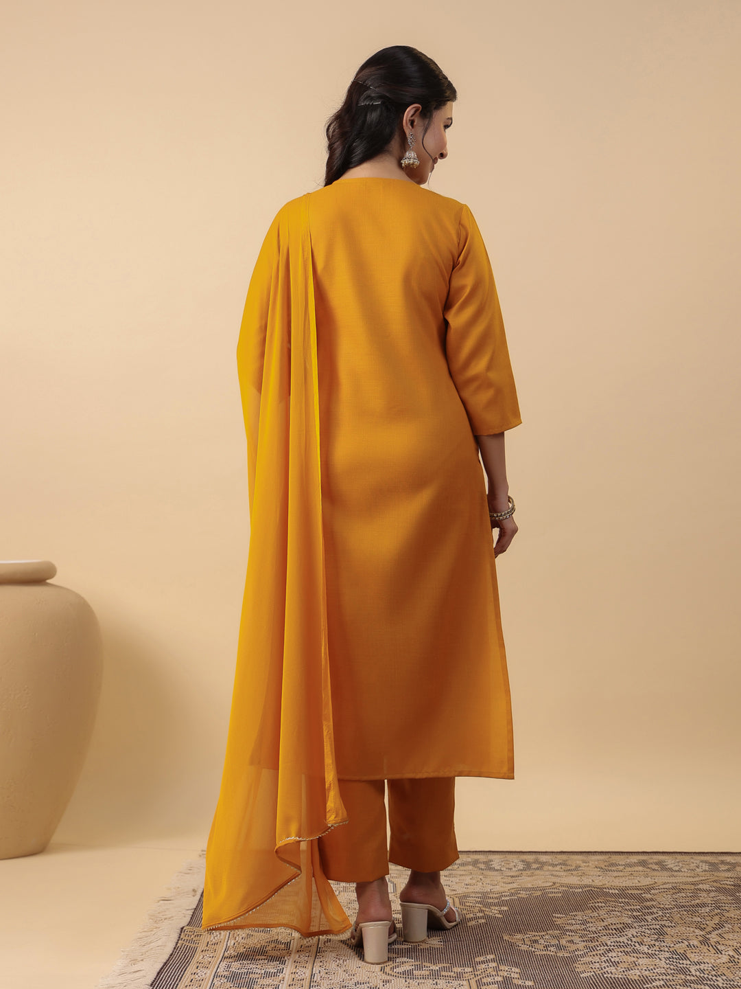 Janasya Straight Magics Slub Mustard Embroidered Notch Neck Kurta,Bottom & Dupatta