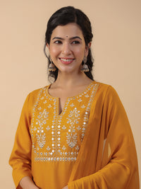 Thumbnail for Janasya Straight Magics Slub Mustard Embroidered Notch Neck Kurta,Bottom & Dupatta