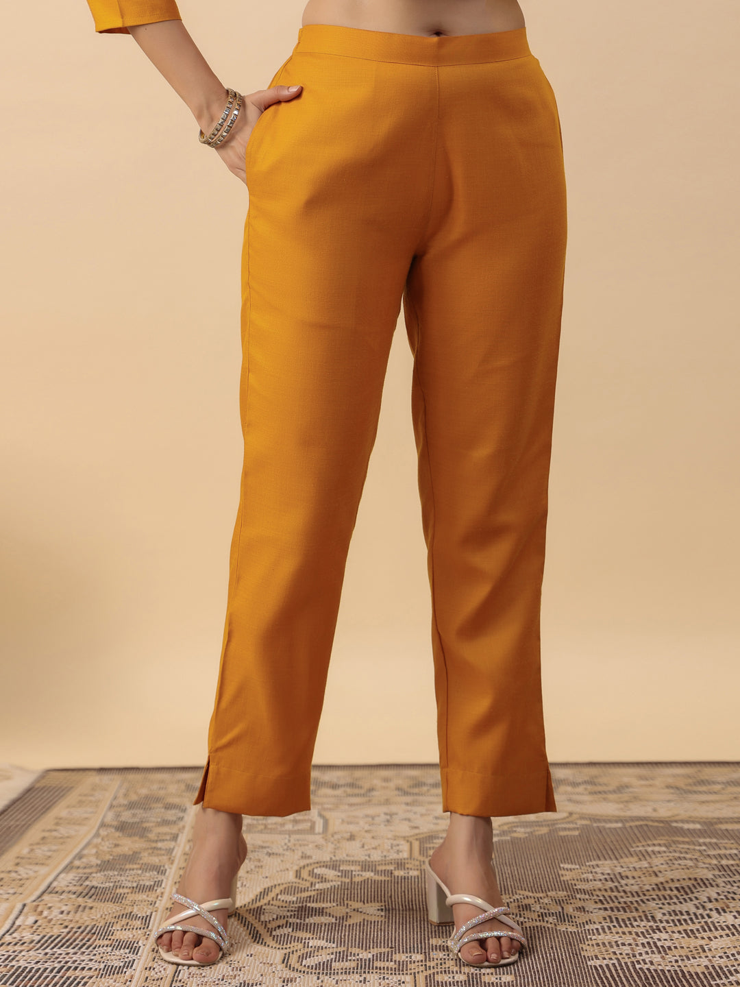 Janasya Straight Magics Slub Mustard Embroidered Notch Neck Kurta,Bottom & Dupatta