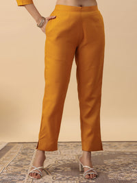 Thumbnail for Janasya Straight Magics Slub Mustard Embroidered Notch Neck Kurta,Bottom & Dupatta