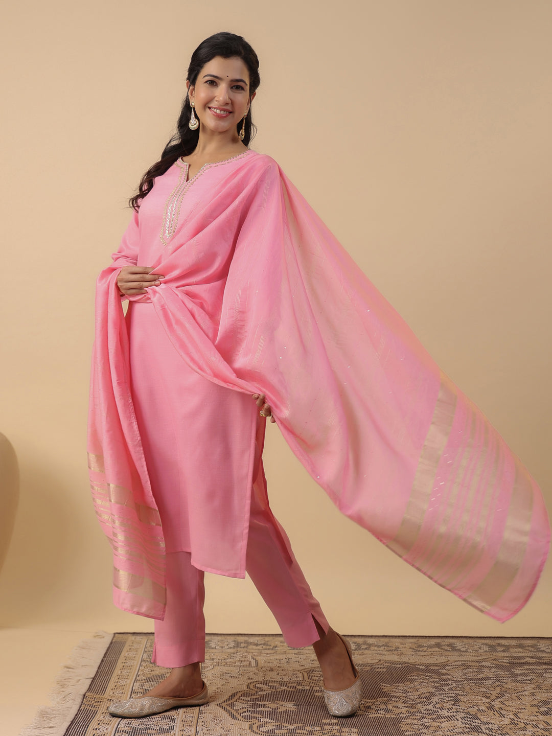 Janasya Regular Magics Slub Baby Pink Solid Notch Neck Kurta,Bottom & Dupatta