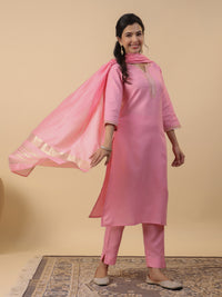 Thumbnail for Janasya Regular Magics Slub Baby Pink Solid Notch Neck Kurta,Bottom & Dupatta