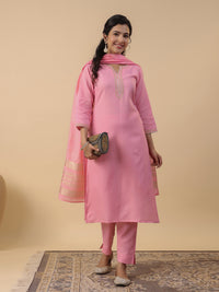 Thumbnail for Janasya Regular Magics Slub Baby Pink Solid Notch Neck Kurta,Bottom & Dupatta