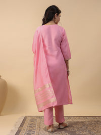 Thumbnail for Janasya Regular Magics Slub Baby Pink Solid Notch Neck Kurta,Bottom & Dupatta