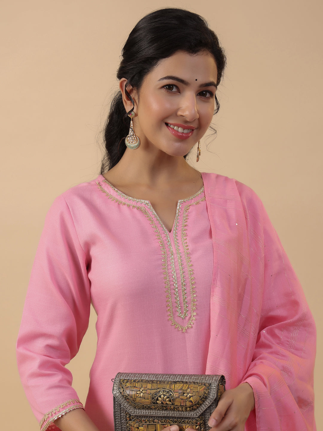 Janasya Regular Magics Slub Baby Pink Solid Notch Neck Kurta,Bottom & Dupatta