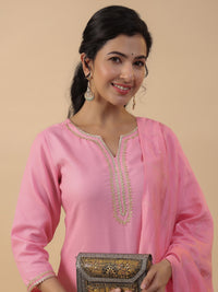 Thumbnail for Janasya Regular Magics Slub Baby Pink Solid Notch Neck Kurta,Bottom & Dupatta