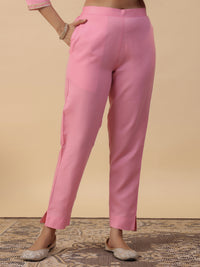 Thumbnail for Janasya Regular Magics Slub Baby Pink Solid Notch Neck Kurta,Bottom & Dupatta